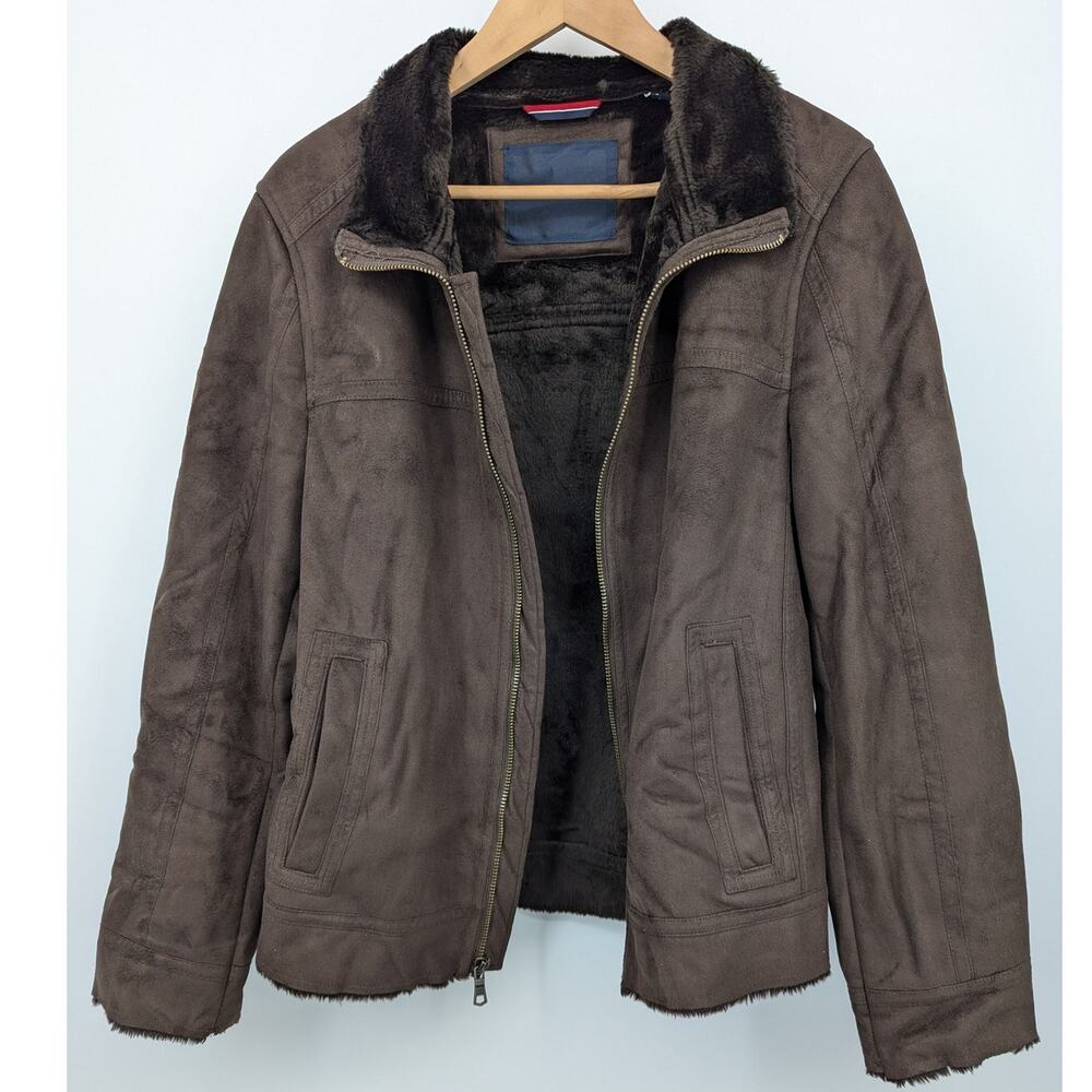 Tommy Hilfiger Womens Small Brown Faux Suede Shearling Aviator Jacket Winter